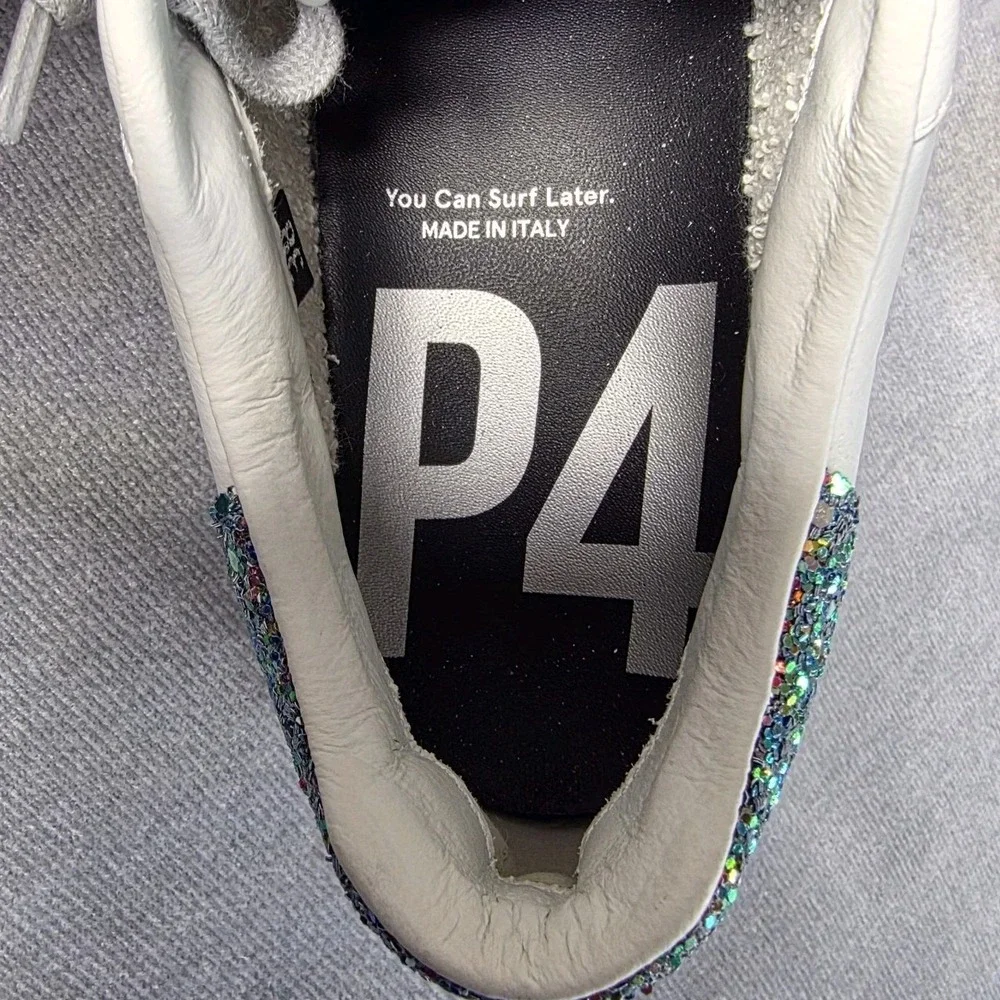 P448 Thea Sneakers Women's 38 White‎ Leather Purple Glitter Multi 7.5 NIB $298